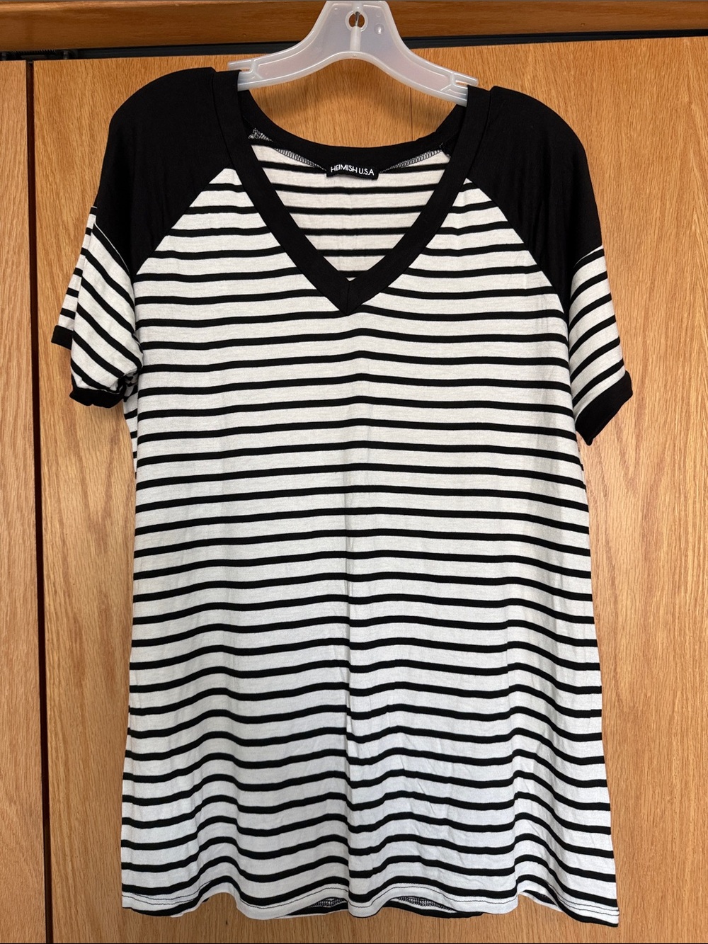 HEIMISH USA Black & White Striped V-Neck Raglan Short Sleeve Tee